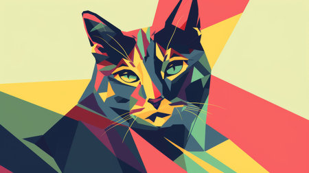A vibrant geometric portrait illustration of a cat's face rendered in a bold, abstract pop art style using contrasting colors like yellow, teal, and deep red triangles.の素材