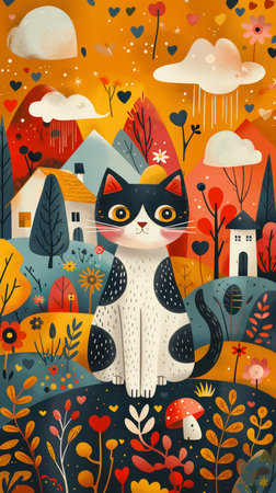 A vibrant, abstract illustration featuring a stylized black cat with glowing yellow eyes against a chaotic, colorful background of splatters, drips, and graffiti elements in expressionistic painting.の素材