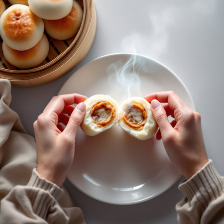 Overhead view of hands splitting a steaming, delicious bao bun to reveal its savory filling, with a bamboo steamer of more buns nearby. This appetizing scene was created with AI.の素材