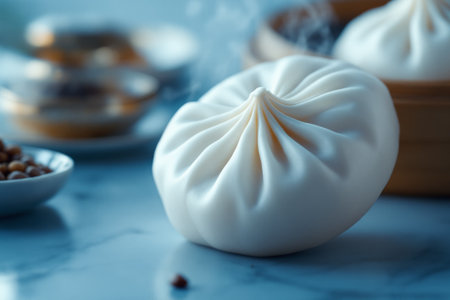 A perfectly formed white steamed bun with a pleated top, emitting steam on a blue marble surface. Another bun is visible in a bamboo steamer in the background. Created with AI.の素材