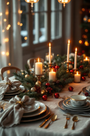 An elegant dining table set for a holiday meal, featuring a luxurious Christmas centerpiece with evergreen boughs, glowing candles, red ornaments, and sophisticated place settings with gold flatware.の素材