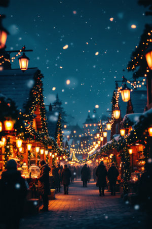 A magical nighttime scene of a snowy Christmas market bustling with people, illuminated by rows of warm, glowing lanterns and festive string lights under a deep blue winter sky.の素材