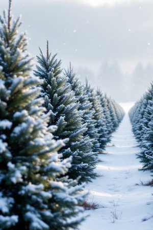 Rows of perfect, snow-covered evergreen trees create strong visual perspective on a beautiful winter morning at a Christmas tree farm, bathed in soft, ethereal light and falling snow.の素材