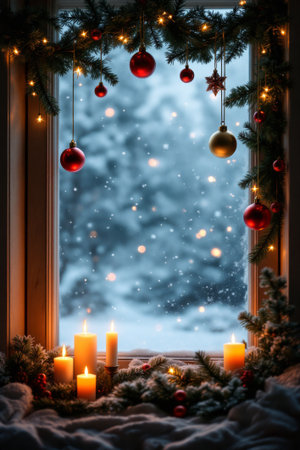 A cozy window decorated with holiday garlands, glowing lights, and ornaments, looking out onto a snowy, blurred winter scene with falling snow and bokeh lights, creating a festive atmosphere around.の素材