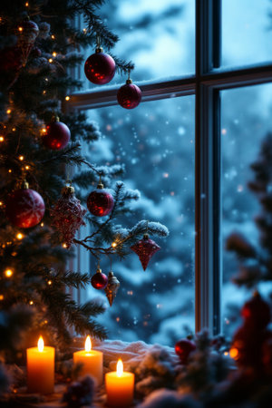 A cozy interior scene featuring Christmas ornaments and warm candles glowing beside a window covered in snow, creating a beautiful contrast against the cold, snowy winter twilight outside.の素材