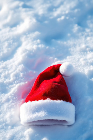 A vibrant red Santa hat with white fluffy trim rests outdoors on a fresh blanket of sparkling white snow under bright daylight, symbolizing the winter holiday season and Christmas cheer.の素材