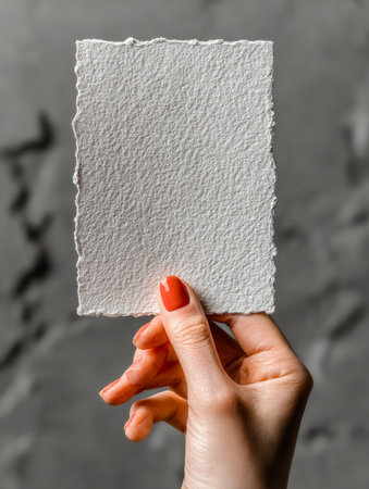 A hand with red nail polish holds a blank piece of thick, textured art paper featuring natural deckled edges, perfect for mockup or presentation against a dark gray background.の素材