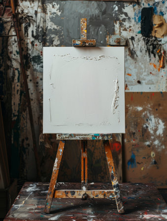 A blank white canvas with thick impasto texture sits upon a vintage, paint-splattered wooden easel in a messy, authentic artist's studio environment.の素材
