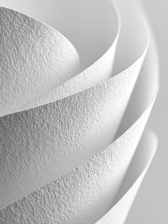 Close-up abstract view of thick, fibrous white paper forming a cascade of gentle, overlapping curves, highlighting the rough texture and monochromatic shadows.の素材