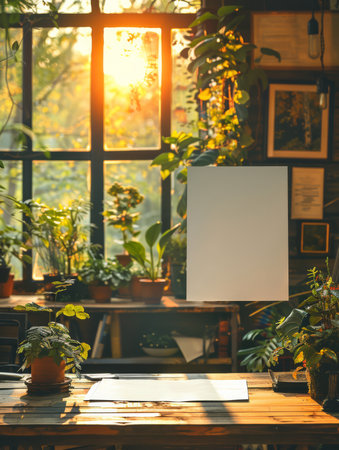 A sun-drenched, cozy indoor jungle workspace featuring numerous lush green houseplants, a warm wooden desk, and a bright blank white vertical mockup area bathed in golden sunlight filtering throughの素材