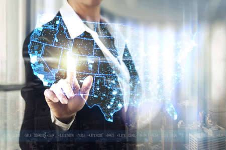 Business women touching the abstract screen