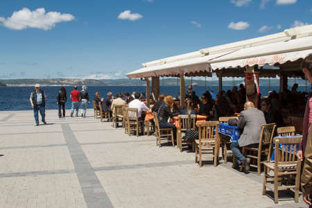 Izmir, Turkey - April 25, 2016:There are many cafes and restaurants on the coast of Canakkale. Especially in summer, people spend time here.のeditorial素材
