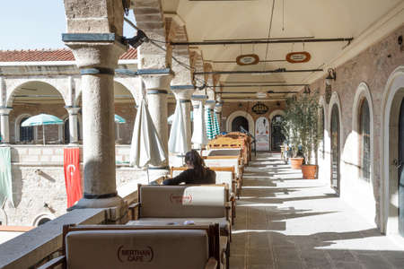 Izmir, Turkey - April 21, 2016 :Yeni Han in Manisa is an old building. There are many cafés and shops selling souvenirs. People often come here to rest and get presents.のeditorial素材