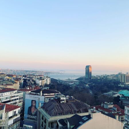 A view of a city in sunsetの写真素材