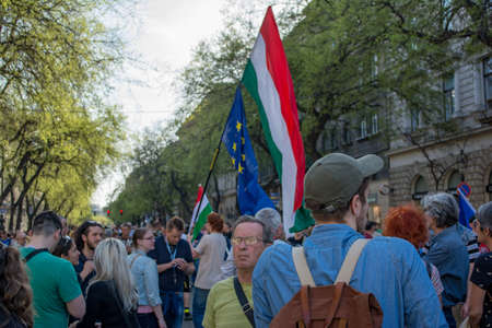 BUDAPEST, HUNGARY - APRIL 14, 2018: Political protest demonstration against the recently elected...