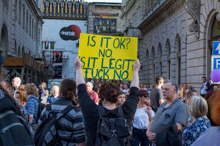 BUDAPEST, HUNGARY - APRIL 14, 2018: Political protest demonstration against the recently elected government for "real democracy". The rally was organised through group called "We are the majority".のeditorial素材