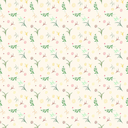 Vector floral pattern in doodle style with flowers and leaves. Gentle, spring floral backgroundのイラスト素材