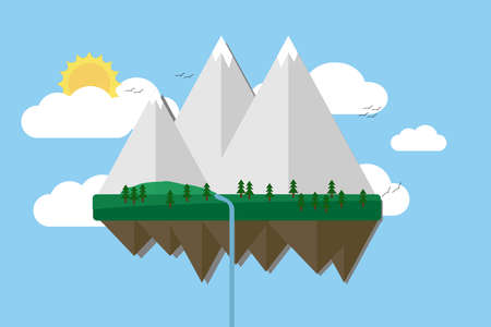 Floating island with mountain, hill, tree and birds. Summer time holiday voyage concept. Illustration in flat style. Travel backgroundのイラスト素材