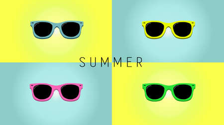 Minimalistic summer background with sunglass. Flat design style. Sunglasses silhouette. Simple icon. Modern flat icon in stylish colors. Web site page and mobile app design element.のイラスト素材