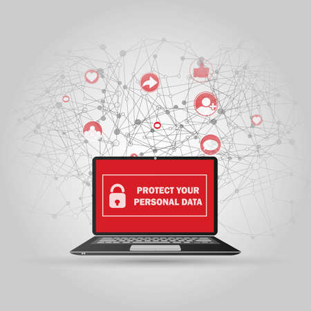 Abstract Connections and Personal Data Protection Concept Design with Laptop Computer, Wireless Mobile Device, Transparent Geometric Mesh - Illustration in Editable Vector Format.のイラスト素材