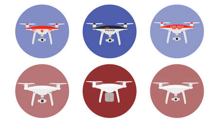 Drones icons with unmanned aircrafts of different purpose police, medic, fire, delivery etc. vector illustrationのイラスト素材