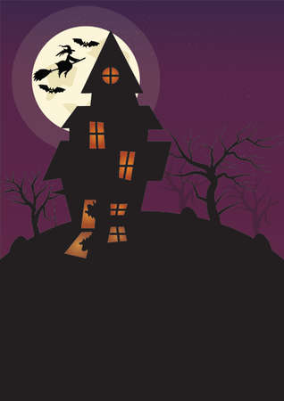 Halloween Vertical Background with Witch, Bats Haunted House and Full Moon. Flyer or Invitation Template for Halloween Party with Empty Space for your Texr. Vector illustrationのイラスト素材