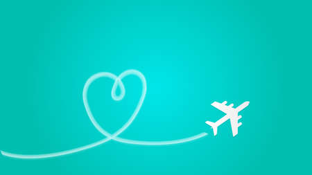 Love Travel Concept Illustration A Airplane flying in the dark blue sky leaving behind a love shaped smoke trail.のイラスト素材