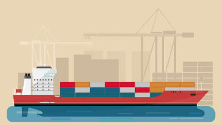 Cargo Sea Port with Cargo Freight Ship and Harbour Port Cranes and City Elements. Vector Illustration.の写真素材