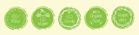Healthy lifestyle icons on yellow background. Go vegan and organic food. Vector illustrationのイラスト素材
