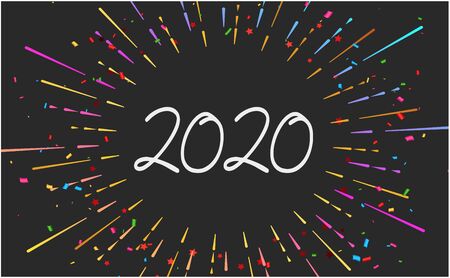 Happy 2020 new year fireworks banner on black background for your seasonal holiday flyers, Christmas themed congratulations and cards. Vector illustration.のイラスト素材