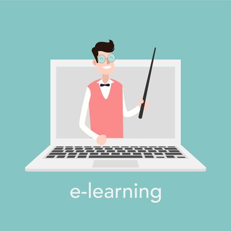 E-learning concept for online school. Vector laptop on blue background. Vector illustrationのイラスト素材