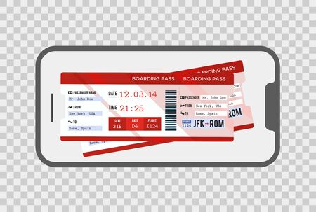 Mobile phone with mobile boarding pass airline ticket. Concept of modern travel or journey. Vector...