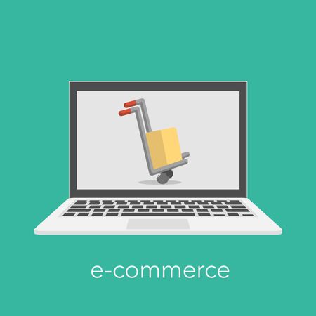 E commerce concept with a shopping box on the laptop screen. Vector illustrationのイラスト素材