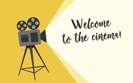 Welcome to the cinema poster. Cartoon vector illustration. Retro movie projector poster. Cartoon vector illustration. Cinema motion picture.のイラスト素材