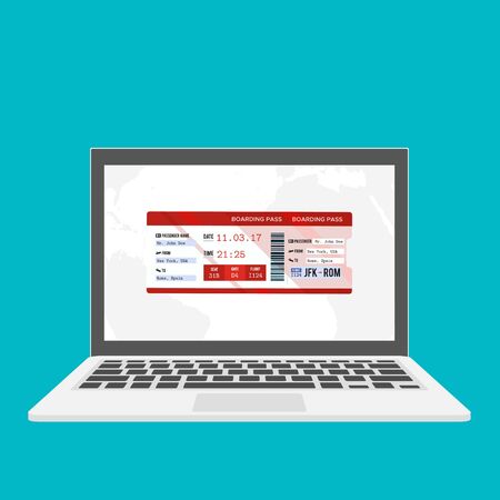 Laptop with electronic boarding pass airline ticket icon isolated on blue background. Passenger plane mobile ticket for web and app. Vector Illustrationのイラスト素材