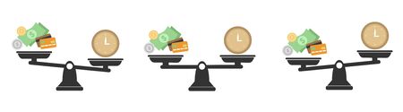 Money and Time balance an imbalance of scales. Clock and money symbols on scale. Set of Scales. Time is Money Business Concept.のイラスト素材
