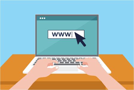 Man use laptop for web surfing. Social media network concept with laptop and network icons set. Man use laptop for web surfing. Vector illustrationのイラスト素材