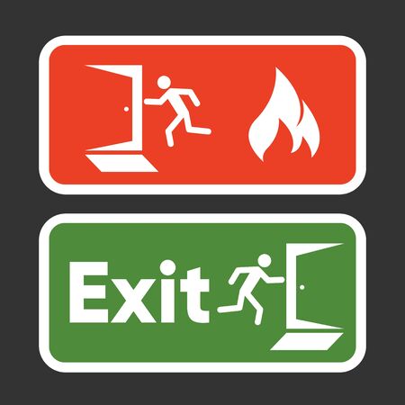Exit fire signs set. Emergency Exit. Man figure running to doorway. Plate fire exit. Vector illustrationのイラスト素材
