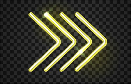 Neon glowing arrow pointer on dark background. Colorful and shining retro light sign. Illustration design element.のイラスト素材