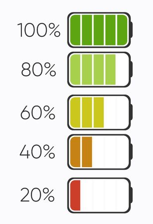 Percentage of charging or Charging level Battery. Batteries charging icon. Electricity symbol - energy sign. Power Battery illustration. Set of low and full statusのイラスト素材
