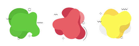 Set of isolated blue and red fluid blobs, gradient green and violet liquid spots. Abstract design or flyer backgroundのイラスト素材