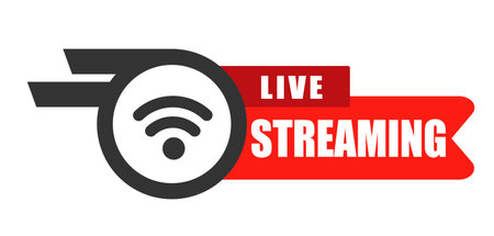 Live stream flat logo - red vector design element with play button. Vectorのイラスト素材