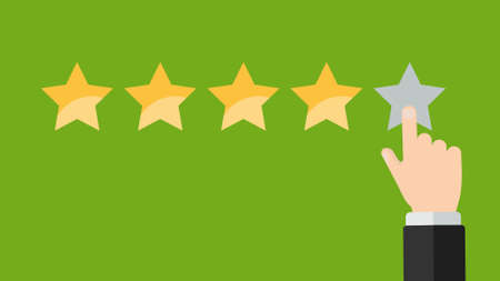 Hand pressing five gold stars on green background. Five stars quality rating icon.のイラスト素材