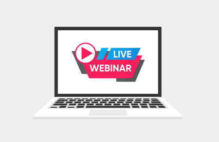 Live webinar online with play button on laptop, online webinar computer screen.のイラスト素材