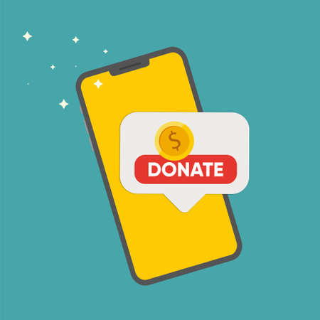 Smartphone with gold coin and button on screen. Donate online concept.