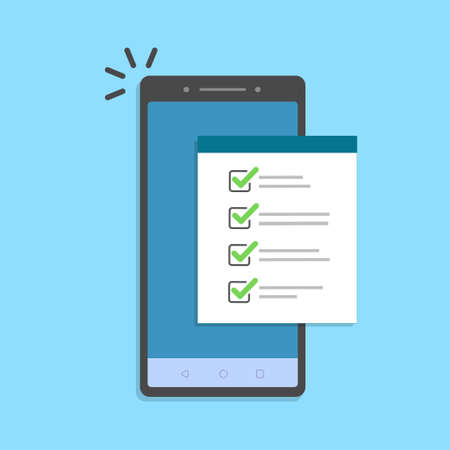 Mobile phone and checklist, vector smartphone with paper document and to do list checkboxesのイラスト素材
