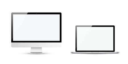 Devices in realistic trendy design on white background. Set of computer and laptop with empty screens. Mock up.のイラスト素材