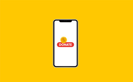 Donate online concept. Smartphone with gold coin and button on screen.のイラスト素材