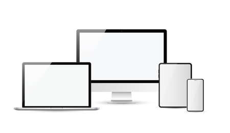 Devices in realistic trendy design on transparent background. Set of computer laptop tablet and smartphone with empty screens. Mock up.のイラスト素材