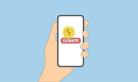 Donate online concept. Smartphone with gold coin and button on screen.のイラスト素材